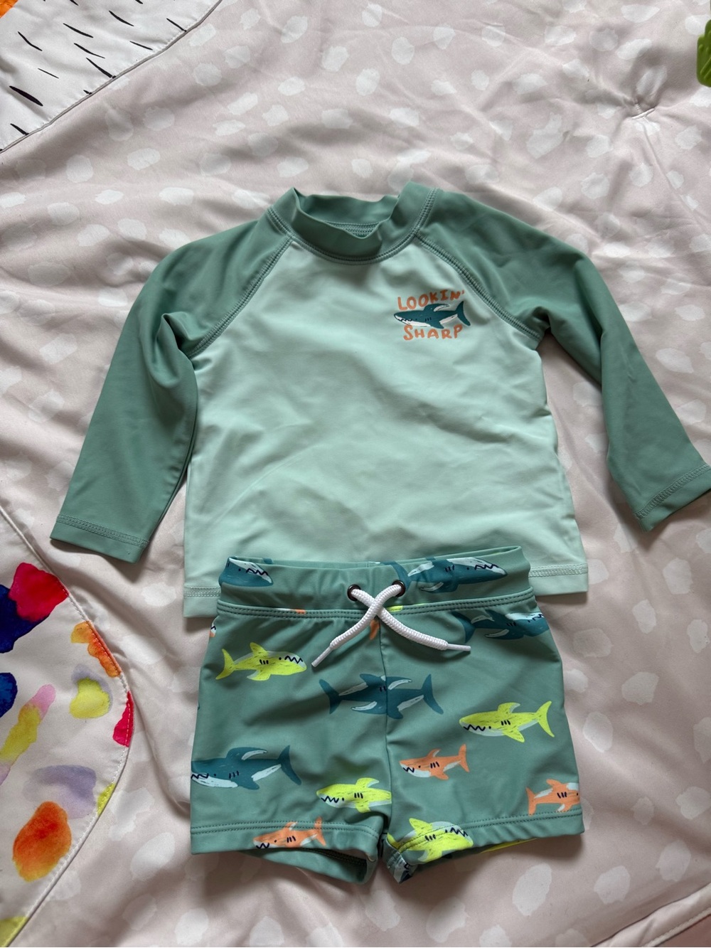 Carter's Seafoam & Sage Shark Rash Guard Swim Set